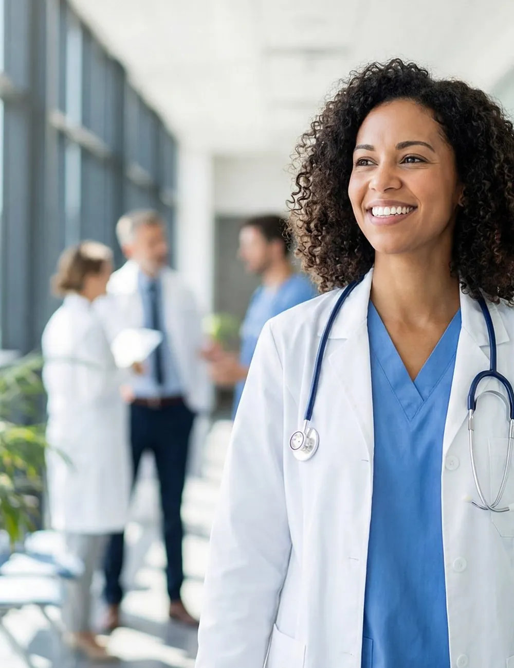 Smiling healthcare professional in a bright hospital corridor