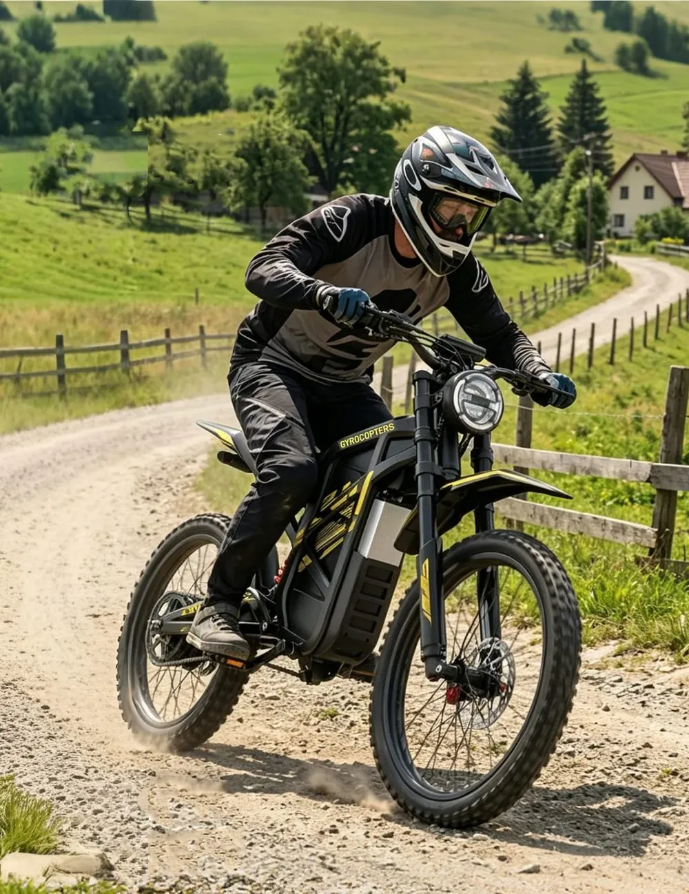 Rider on a Gyrocopters electric dirt bike on a country trail